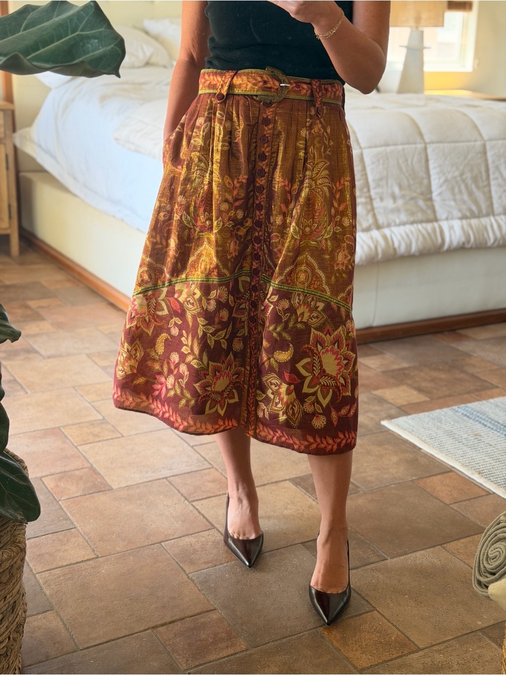 FARM Rio Burgundy and Gold Floral Midi Skirt